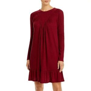 AQUA Womens Dress Small Maroon Pullover Shift Draped Ruffle Hem Keyhole Neck
